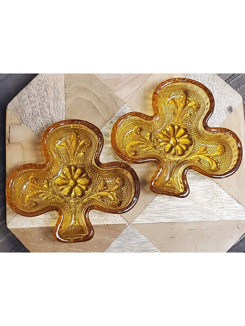 Vintage Tiara Amber Glass Club Trinket Dishes, Mid-Century Sandwich Glass